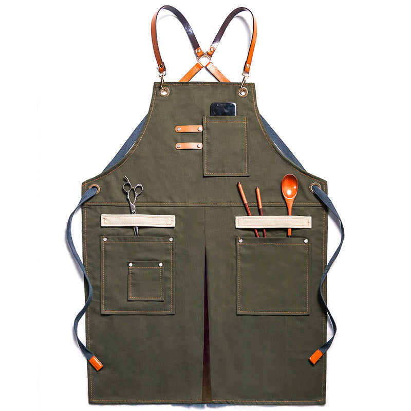 Kohana Adjustable Denim Work Apron with Utility Pockets, Multi-Purpose Cross-Back Cross-Strap Apron