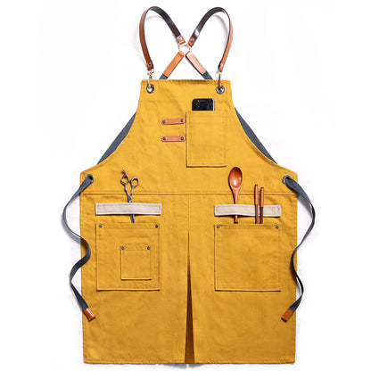Kohana Adjustable Denim Work Apron with Utility Pockets, Multi-Purpose Cross-Back Cross-Strap Apron