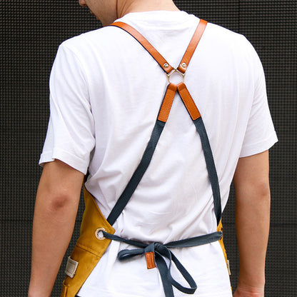 Kohana Adjustable Denim Work Apron with Utility Pockets, Multi-Purpose Cross-Back Cross-Strap Apron