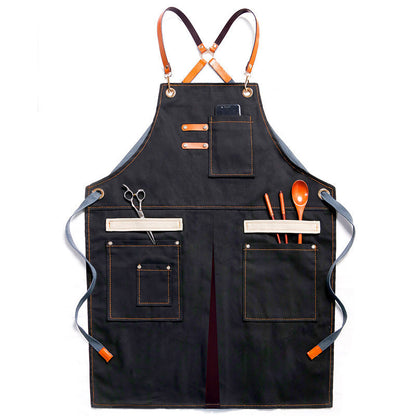 Kohana Adjustable Denim Work Apron with Utility Pockets, Multi-Purpose Cross-Back Cross-Strap Apron