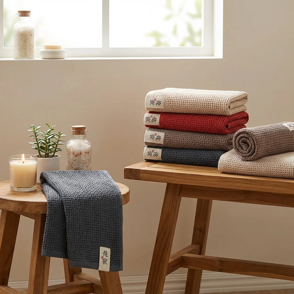Kohana Sakura Waffle Weave Cotton Kitchen Towels, Japanese-Style Dish Cloths (4-Pack)