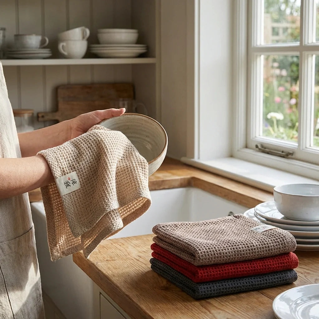 Kohana Sakura Waffle Weave Cotton Kitchen Towels, Japanese-Style Dish Cloths (4-Pack)