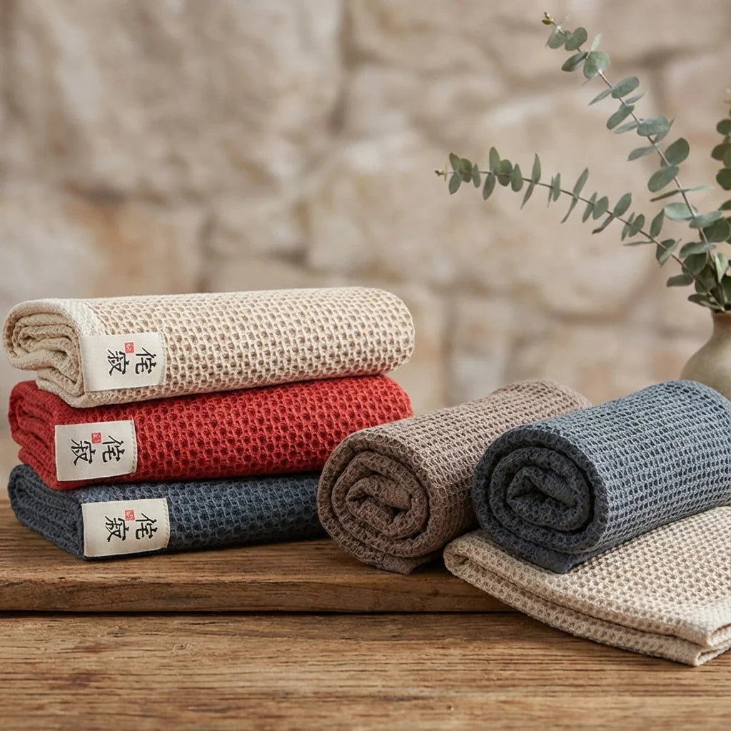 Kohana Sakura Waffle Weave Cotton Kitchen Towels, Japanese-Style Dish Cloths (4-Pack)